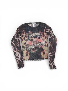 RSQ Y2K Love Always Burns Graphic Mesh Long Sleeve Top Grunge Tattoo